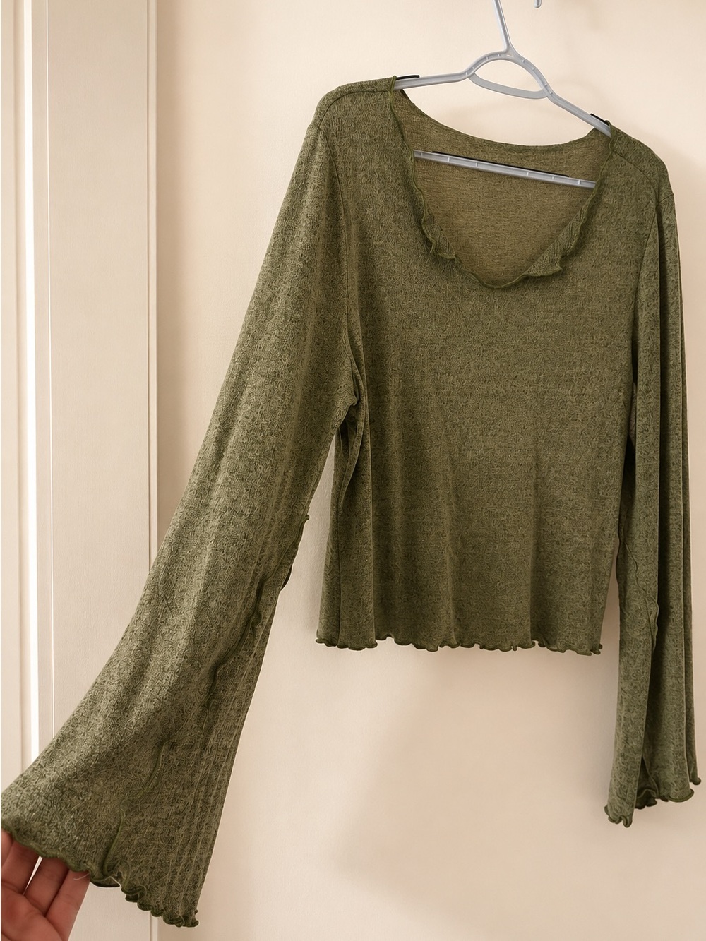 Olive Green Buttery Soft Bell Sleeve Lettuce Hem Top - Picture 2 of 6